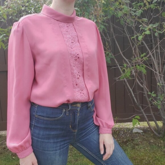 Vintage Tops - Vintage pink blouse with lace inset panel